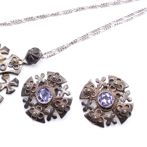 Vintage Jerusalem Lab Alexandrite 800 Silver Maltese Cross Necklace Set - Picture 5 of 9